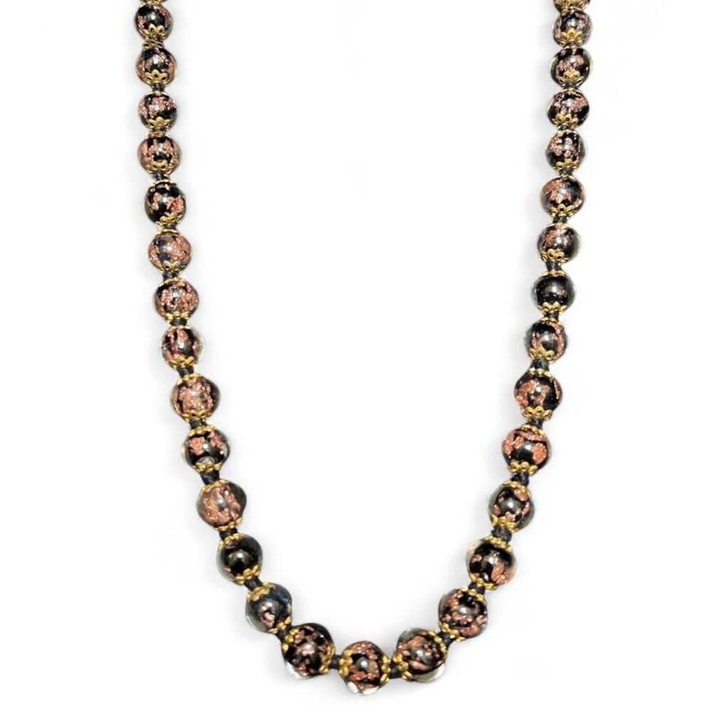 Murano Glass Beaded Necklace Black Copper Gold